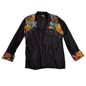 Surya 90s Vintage Black Rayon Floral‎ Tapestry Beaded Fringe Jacket Womens Large